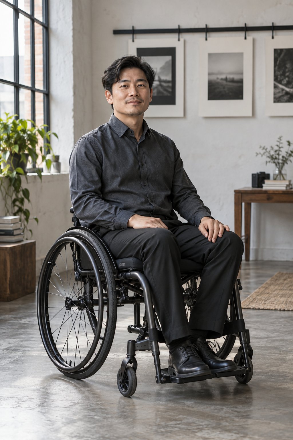 A bright full-body portrait integrates a wheelchair naturally instead of cropping disability out.
