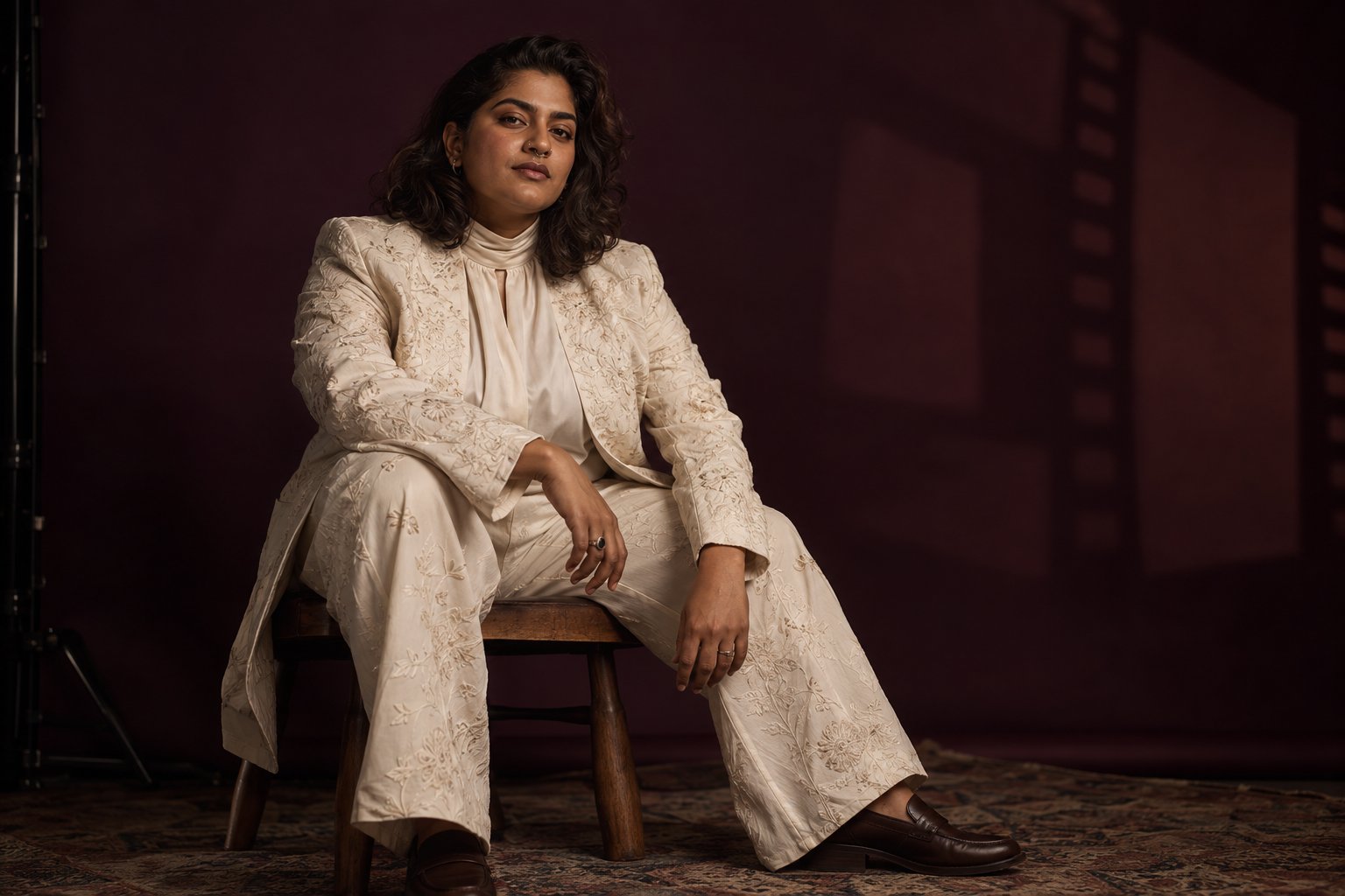 A high-neck lounge suit offers an androgynous, fully clothed interpretation of the same intimate mood.