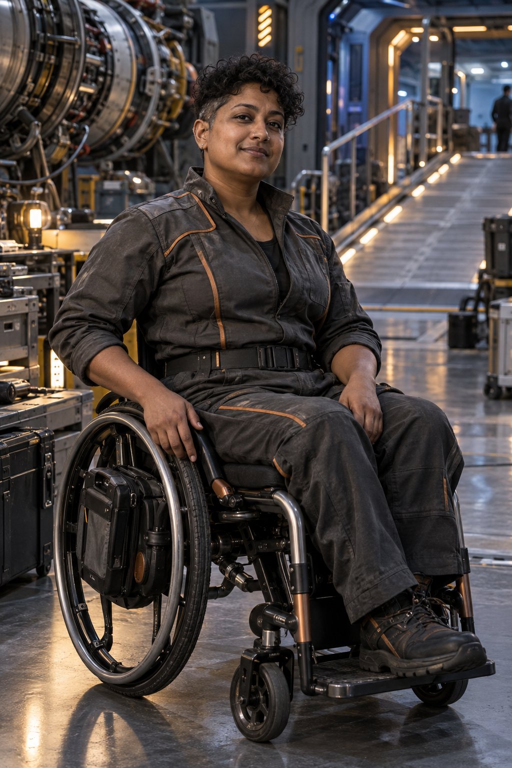 An accessible starship bay and visible wheelchair place engineering competence at the center of the frame.