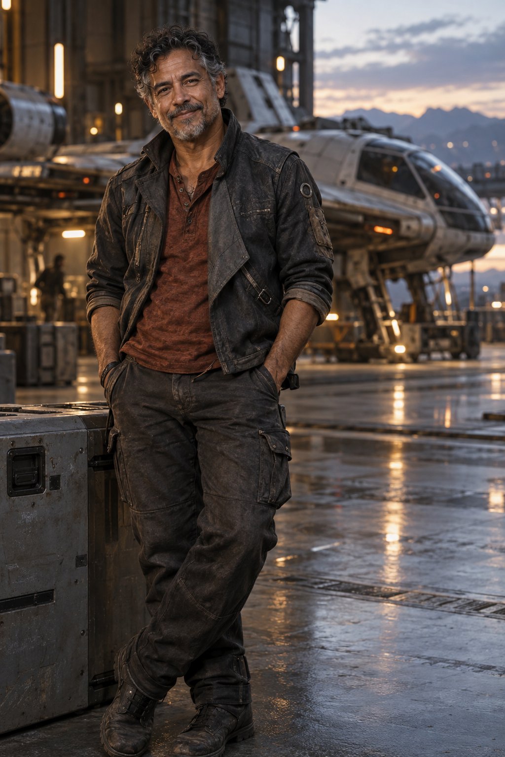 A weathered courier pilot adds a relaxed, practical register without relying on a recognizable franchise costume.