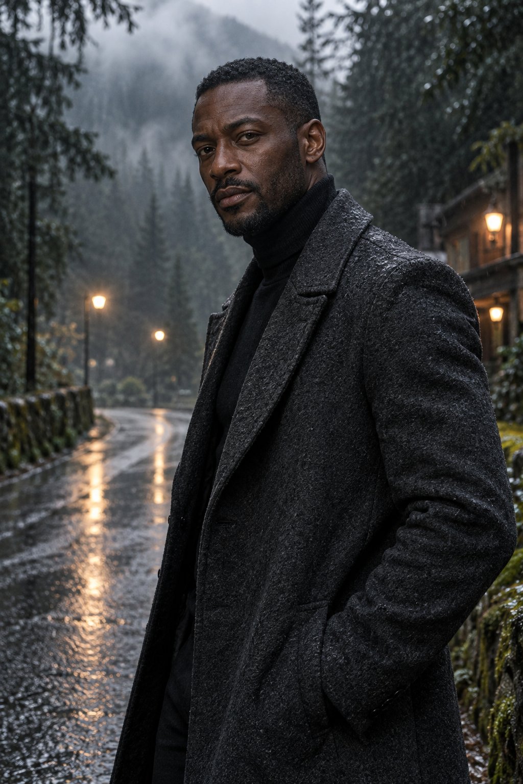 Rainy gothic-romance portrait with tailored wool styling