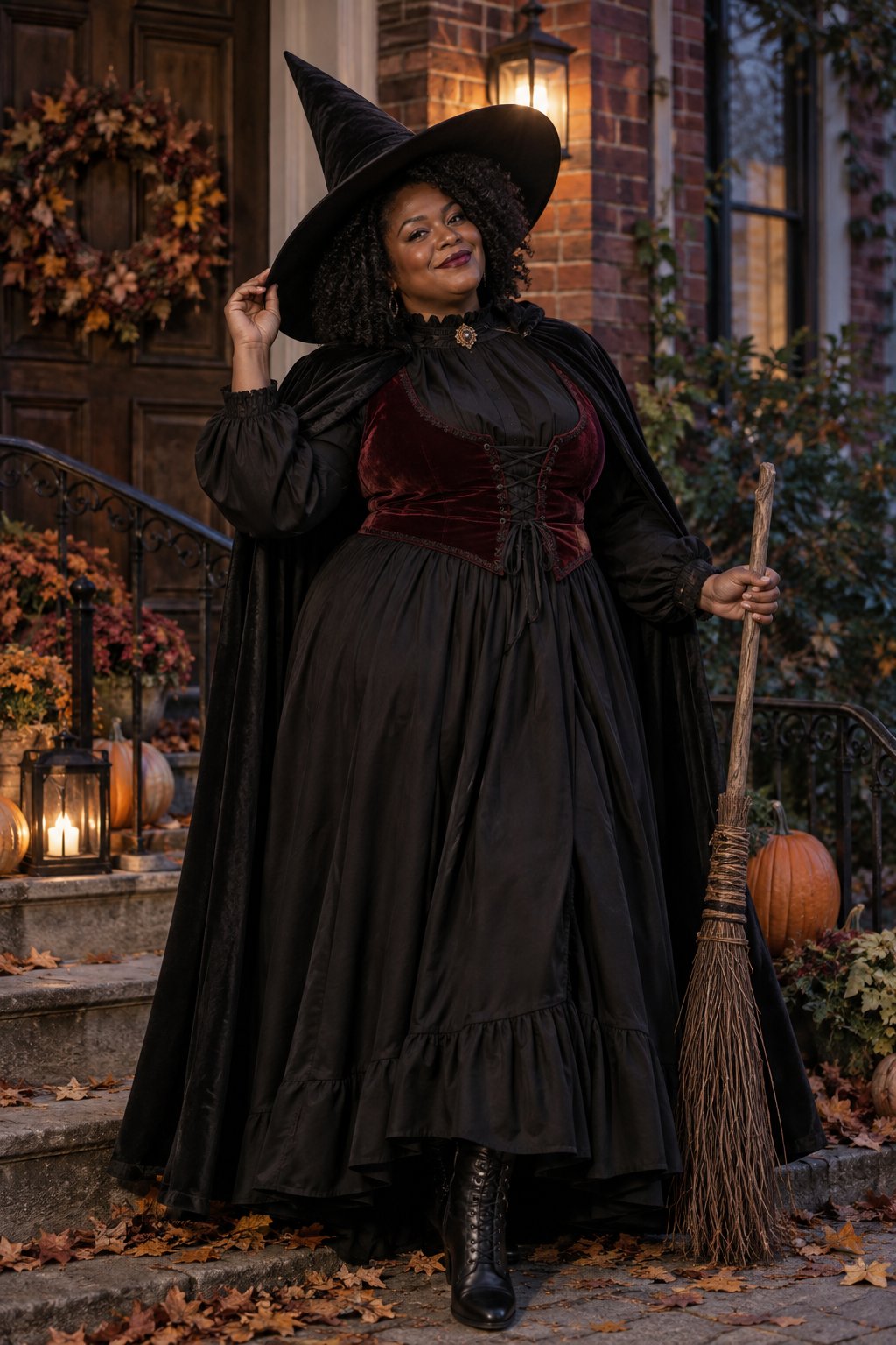 Editorial witch portrait in oxblood velvet and a matte wide-brim hat