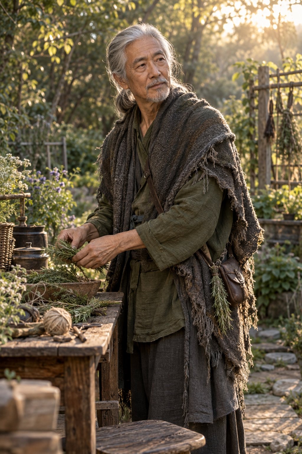 The hedge-witch direction replaces the hat with linen, wool, herbs, and late-afternoon garden light.