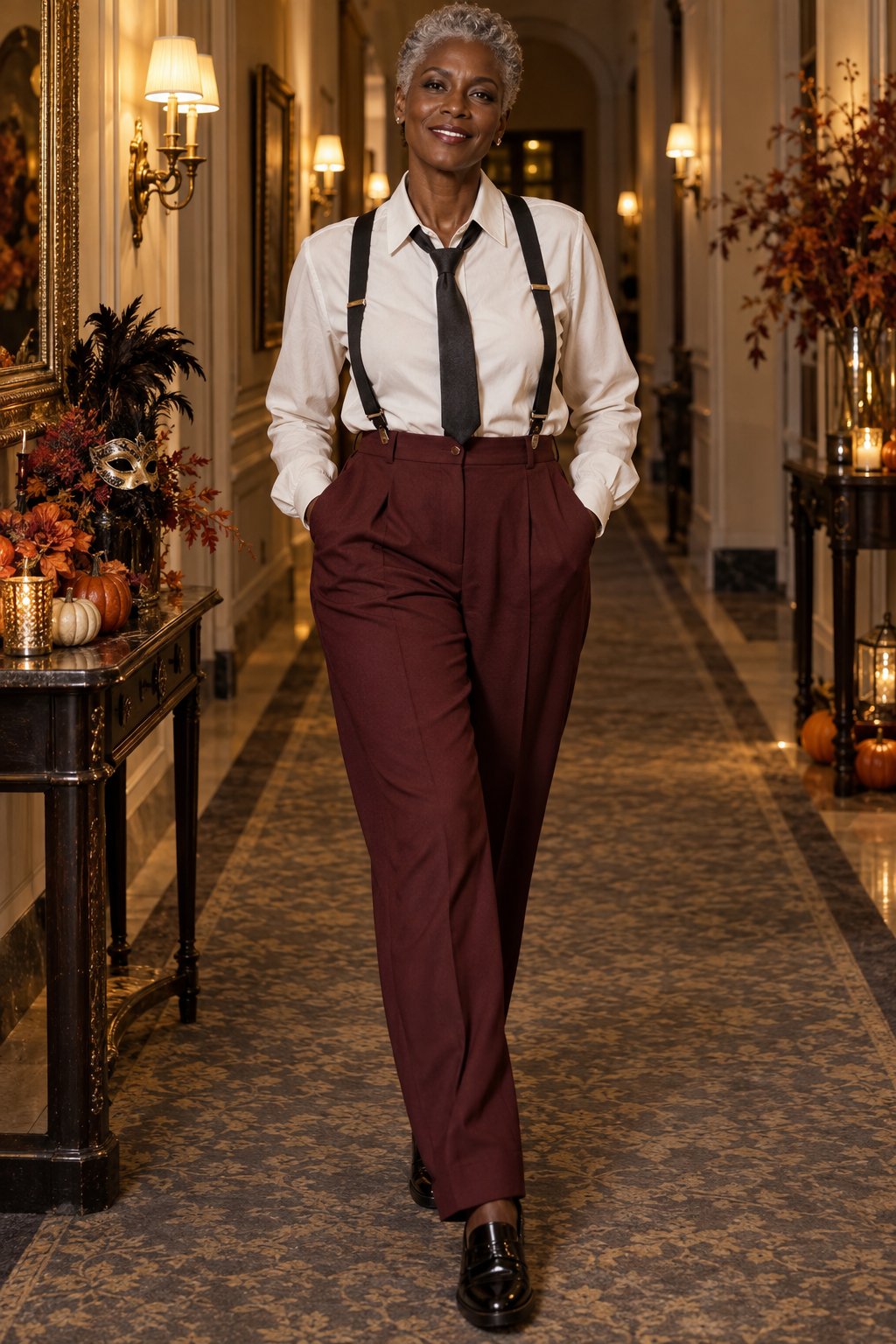Tailored women's Halloween costume portrait with practical evening styling