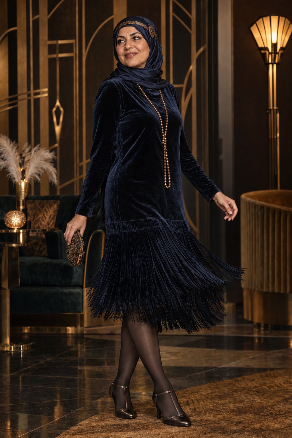 A modest drop-waist look pairs a satin hijab, matte velvet, and movement without becoming a caricature.