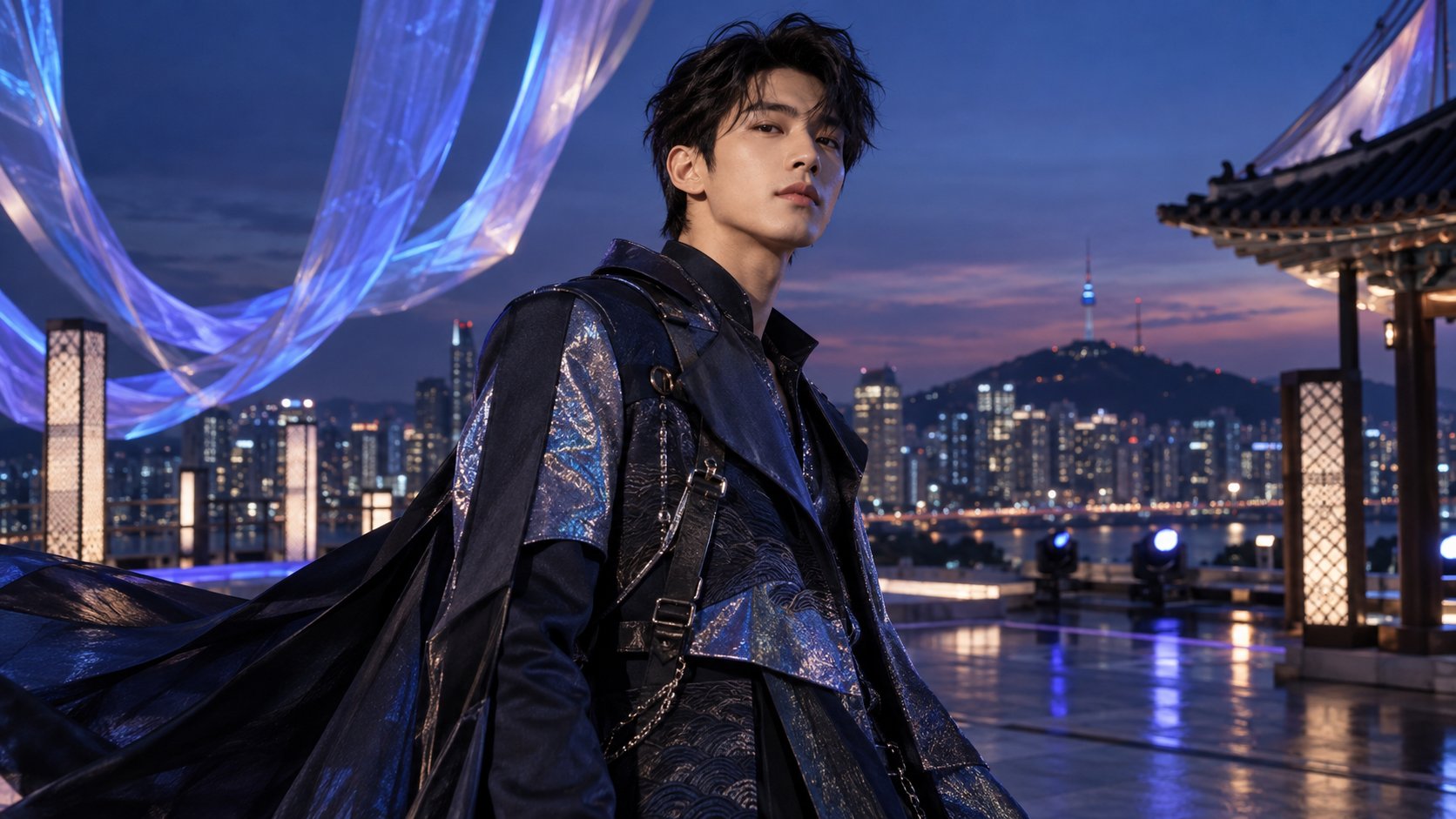 Original K-pop fantasy portrait in cobalt performance tailoring