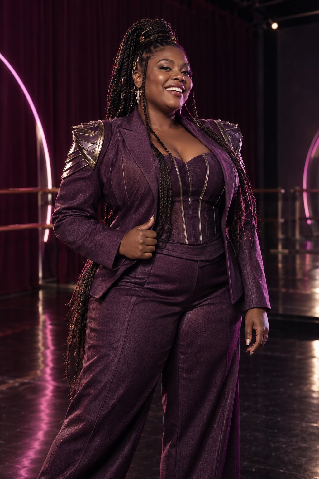 Amethyst light, sculptural braids, and a grounded stance show the look on a fuller body.